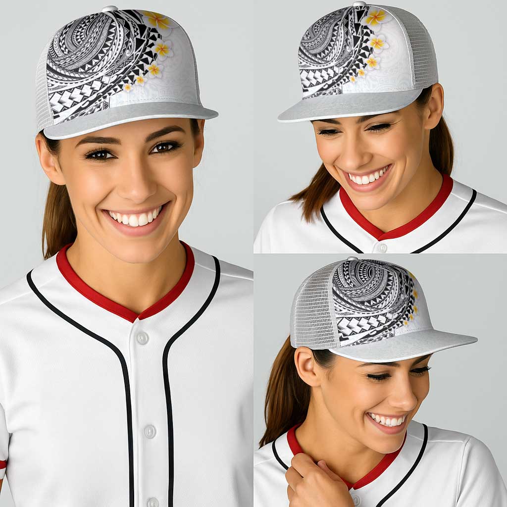 Hawaiian Tribal Tattoo and Plumeria Baseball Net Cap Polynesian Pattern White Color