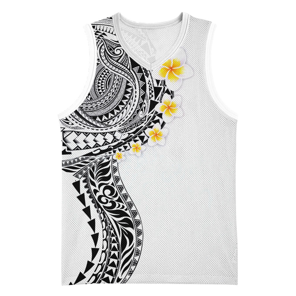 Hawaiian Tribal Tattoo and Plumeria Basketball Jersey Polynesian Pattern White Color