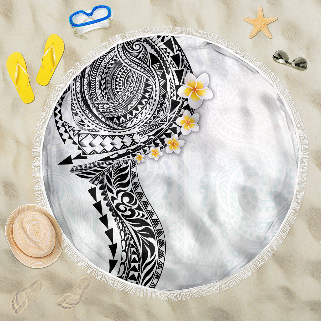 Hawaiian Tribal Tattoo and Plumeria Beach Blanket Polynesian Pattern White Color