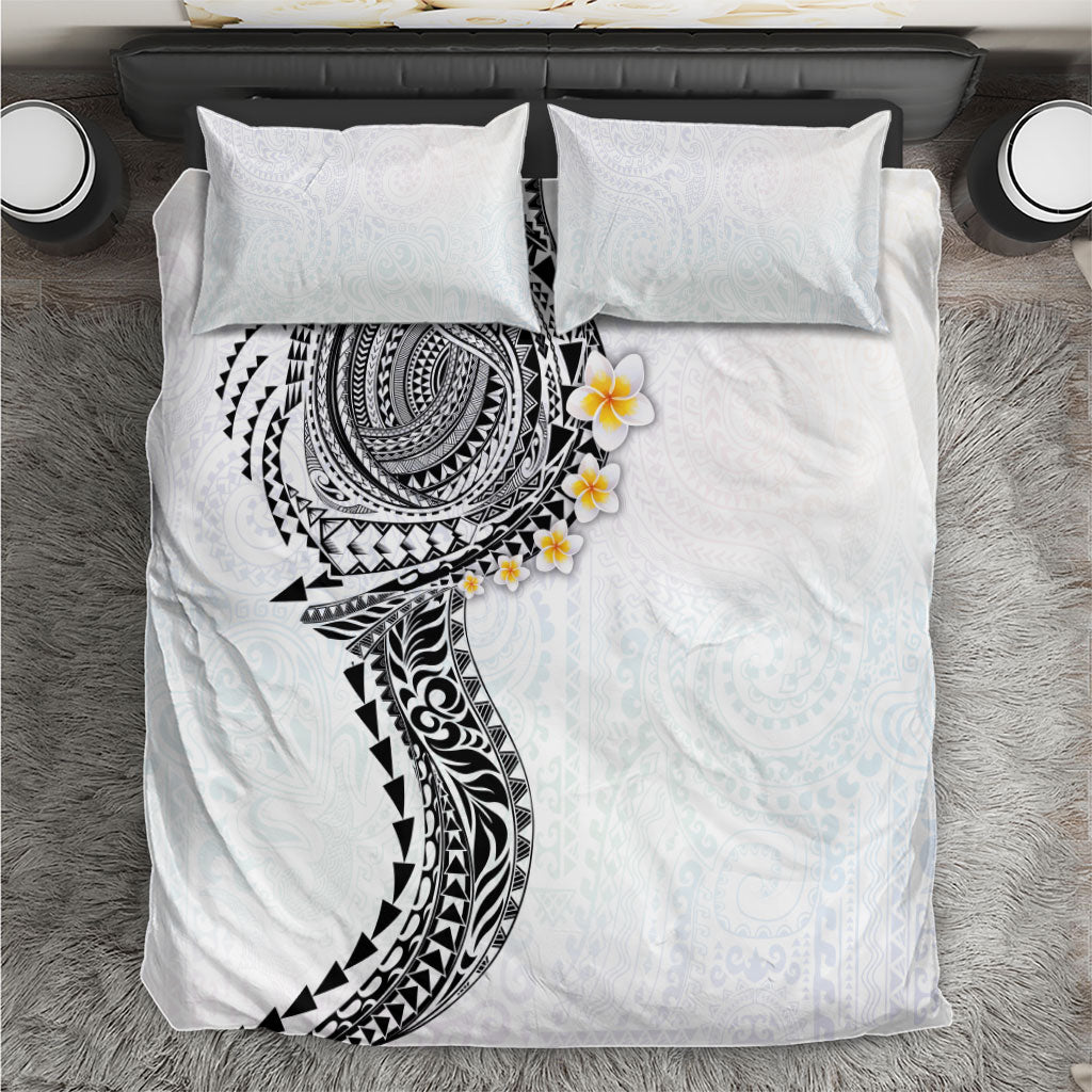 Hawaiian Tribal Tattoo and Plumeria Bedding Set Polynesian Pattern White Color