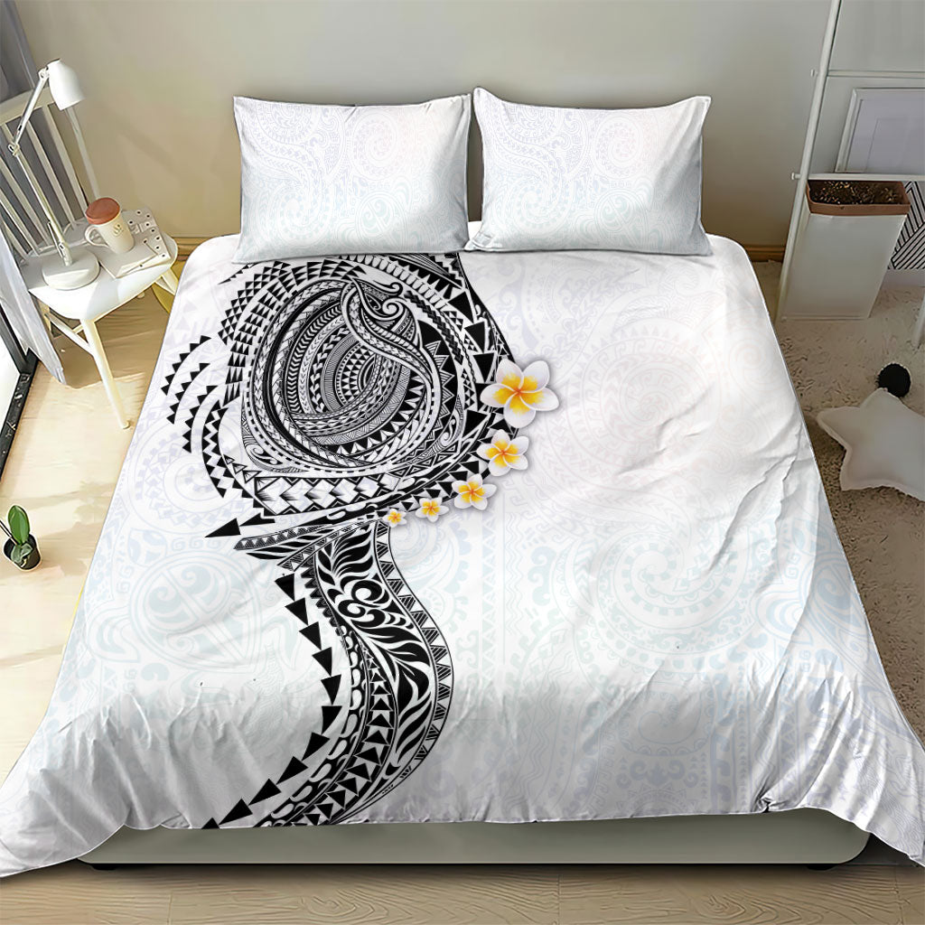 Hawaiian Tribal Tattoo and Plumeria Bedding Set Polynesian Pattern White Color