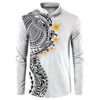 Hawaiian Tribal Tattoo and Plumeria Button Sweatshirt Polynesian Pattern White Color