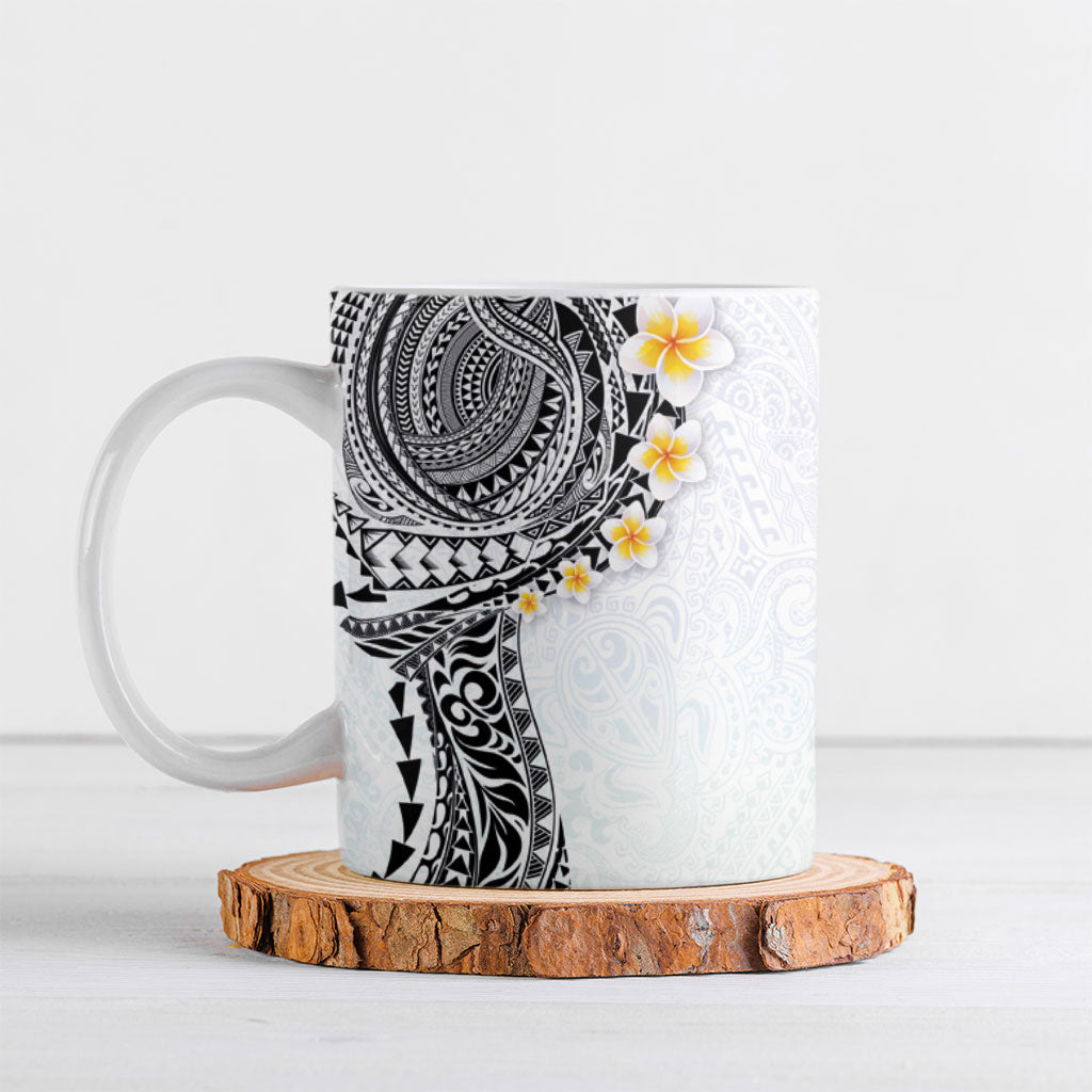 Hawaiian Tribal Tattoo and Plumeria Ceramic Mug Polynesian Pattern White Color