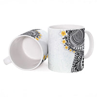 Hawaiian Tribal Tattoo and Plumeria Ceramic Mug Polynesian Pattern White Color