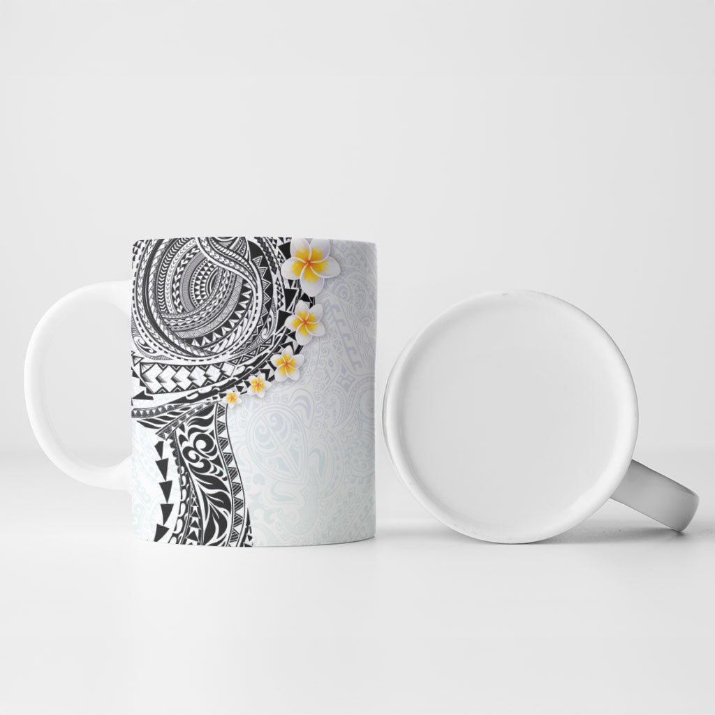 Hawaiian Tribal Tattoo and Plumeria Ceramic Mug Polynesian Pattern White Color