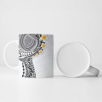 Hawaiian Tribal Tattoo and Plumeria Ceramic Mug Polynesian Pattern White Color