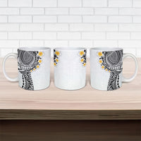 Hawaiian Tribal Tattoo and Plumeria Ceramic Mug Polynesian Pattern White Color