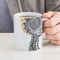 Hawaiian Tribal Tattoo and Plumeria Ceramic Mug Polynesian Pattern White Color