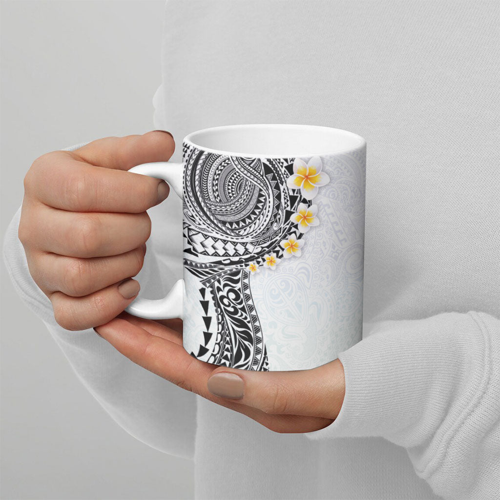 Hawaiian Tribal Tattoo and Plumeria Ceramic Mug Polynesian Pattern White Color