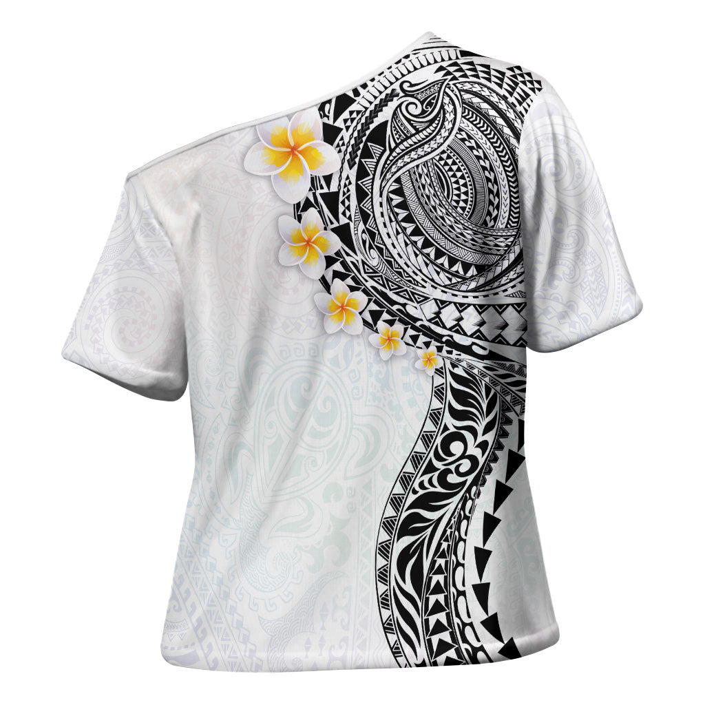 Hawaiian Tribal Tattoo and Plumeria Cross Shoulder Shirt Polynesian Pattern White Color