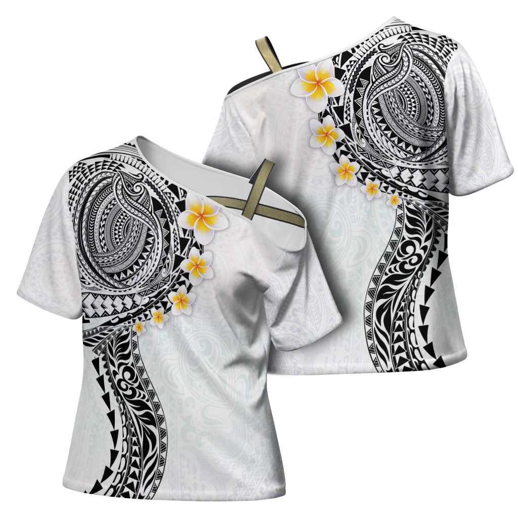 Hawaiian Tribal Tattoo and Plumeria Cross Shoulder Shirt Polynesian Pattern White Color