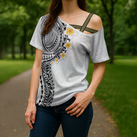Hawaiian Tribal Tattoo and Plumeria Cross Shoulder Shirt Polynesian Pattern White Color