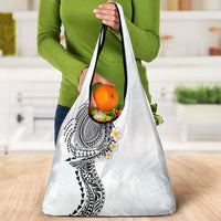 Hawaiian Tribal Tattoo and Plumeria Grocery Bag Polynesian Pattern White Color
