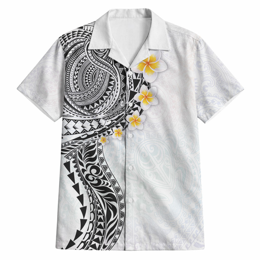 Hawaiian Tribal Tattoo and Plumeria Hawaiian Shirt Polynesian Pattern White Color