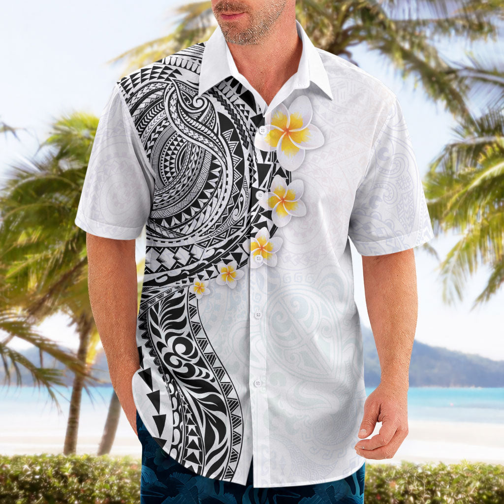 Hawaiian Tribal Tattoo and Plumeria Hawaiian Shirt Polynesian Pattern White Color