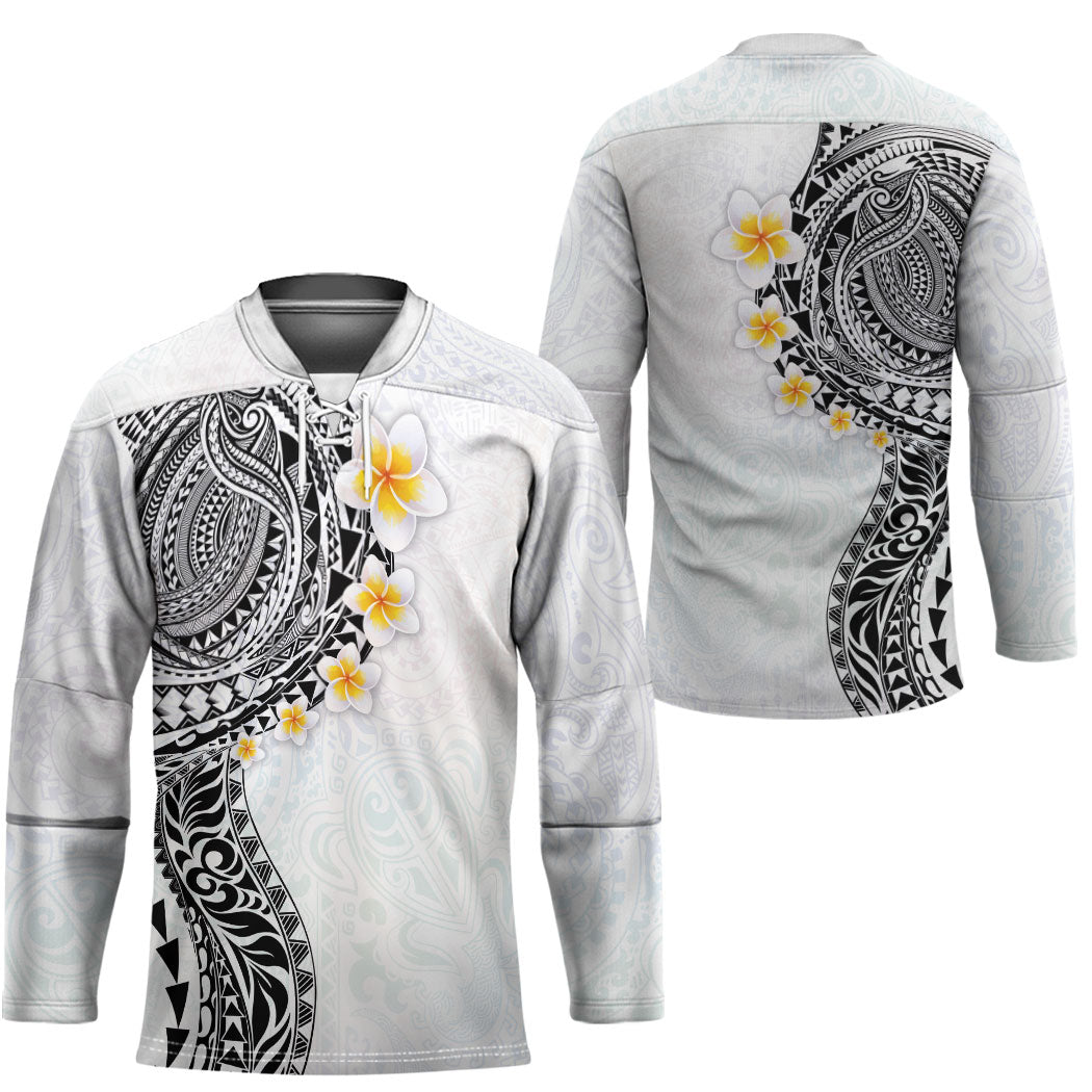 Hawaiian Tribal Tattoo and Plumeria Hockey Jersey Polynesian Pattern White Color
