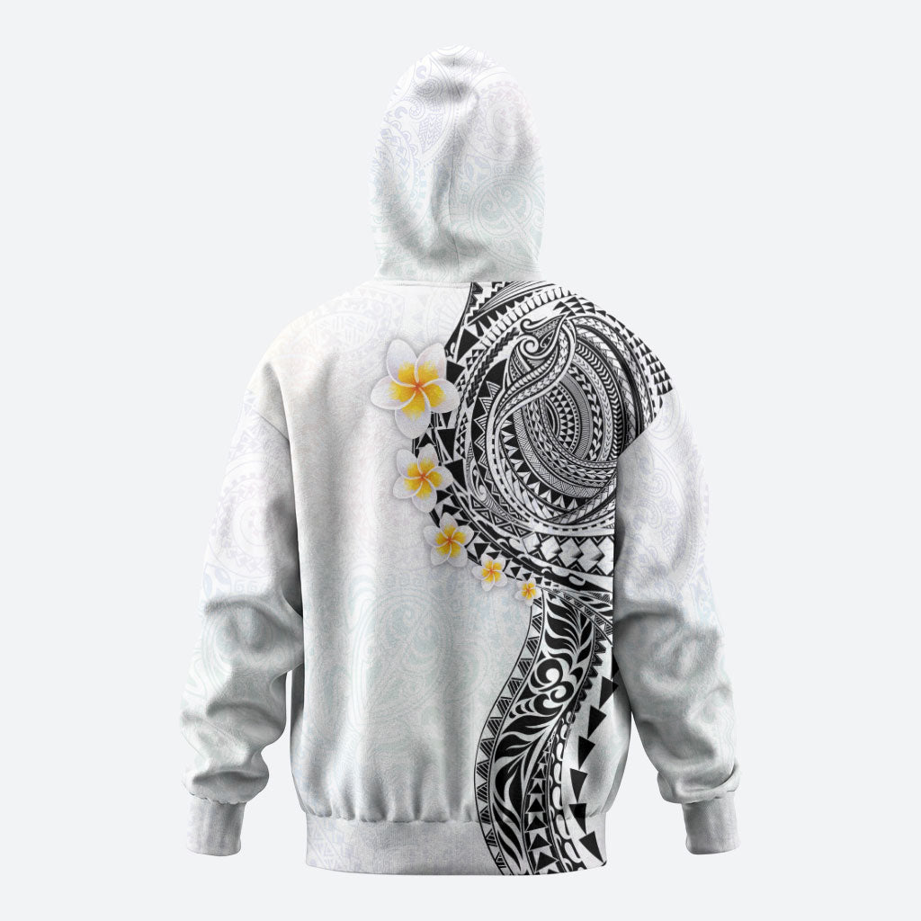 Hawaiian Tribal Tattoo and Plumeria Hoodie Polynesian Pattern White Color