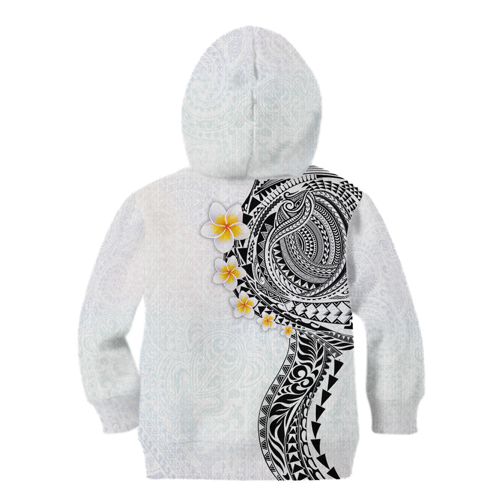 Hawaiian Tribal Tattoo and Plumeria Kid Hoodie Polynesian Pattern White Color