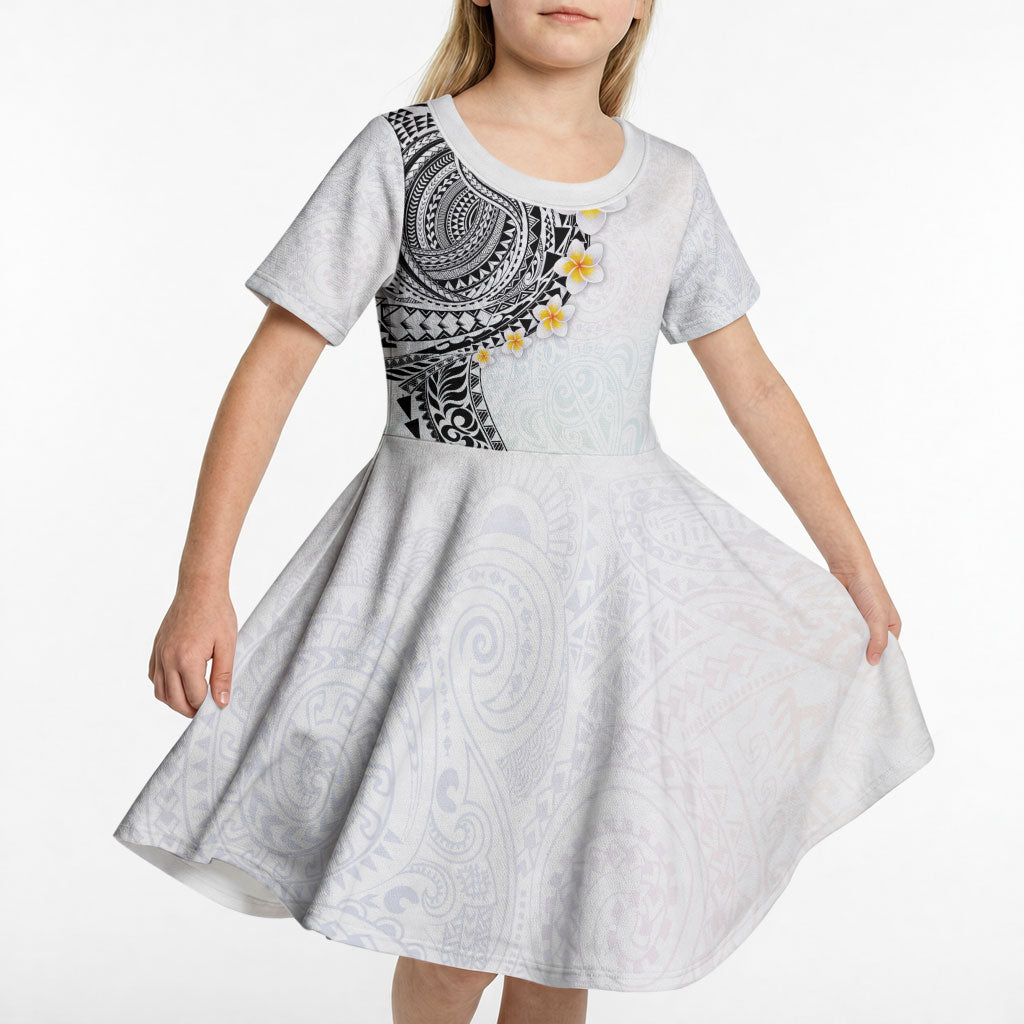 Hawaiian Tribal Tattoo and Plumeria Kid Short Sleeve Dress Polynesian Pattern White Color