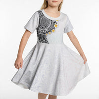 Hawaiian Tribal Tattoo and Plumeria Kid Short Sleeve Dress Polynesian Pattern White Color
