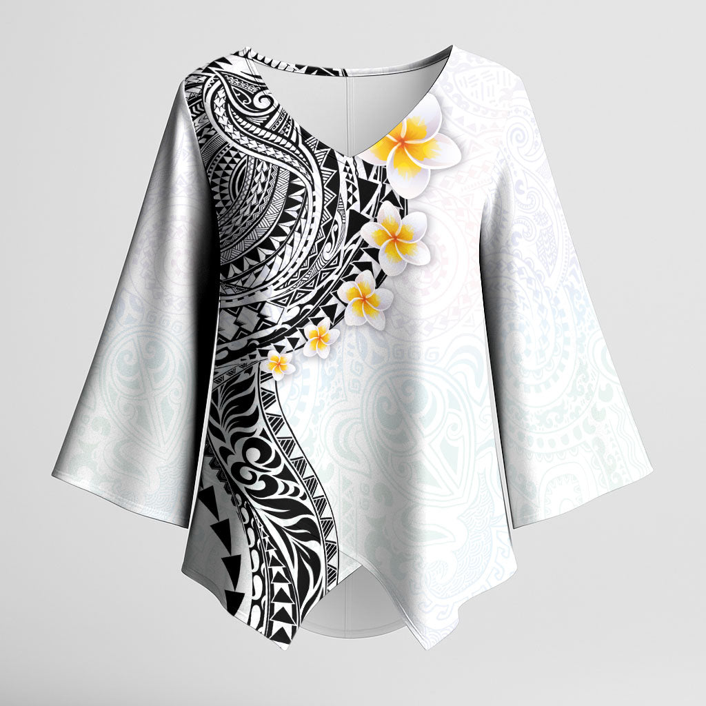 Hawaiian Tribal Tattoo and Plumeria Kimono Sleeve Blouse Polynesian Pattern White Color