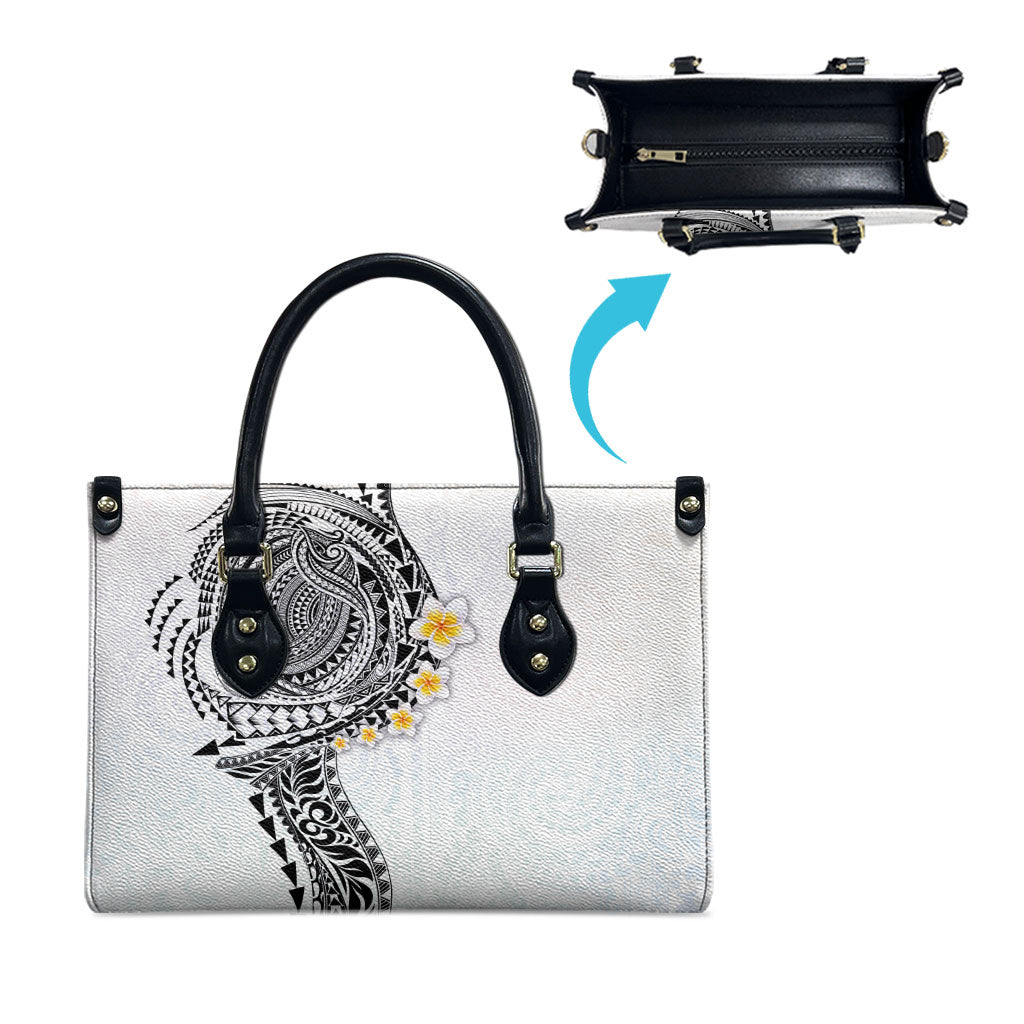 Hawaiian Tribal Tattoo and Plumeria Leather Bag Polynesian Pattern White Color