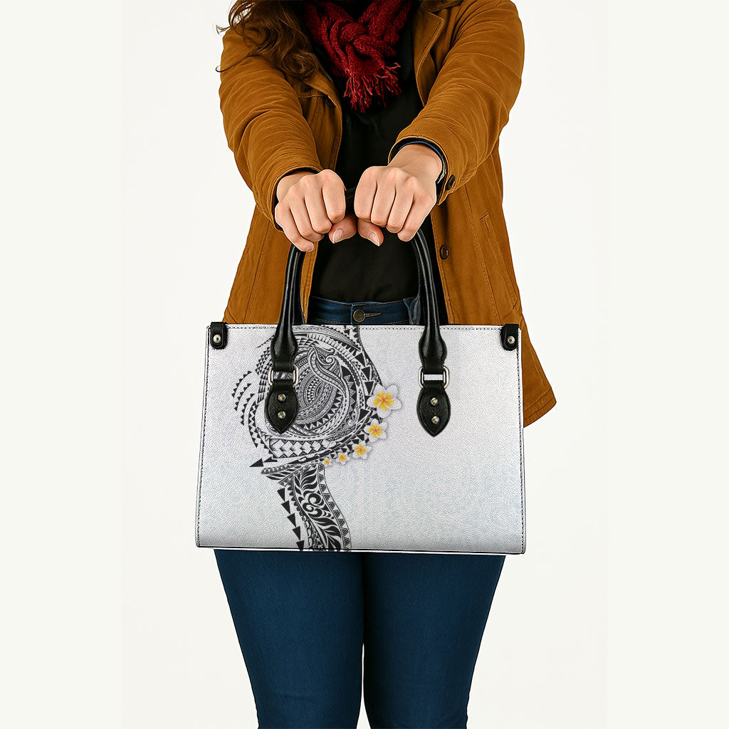 Hawaiian Tribal Tattoo and Plumeria Leather Bag Polynesian Pattern White Color