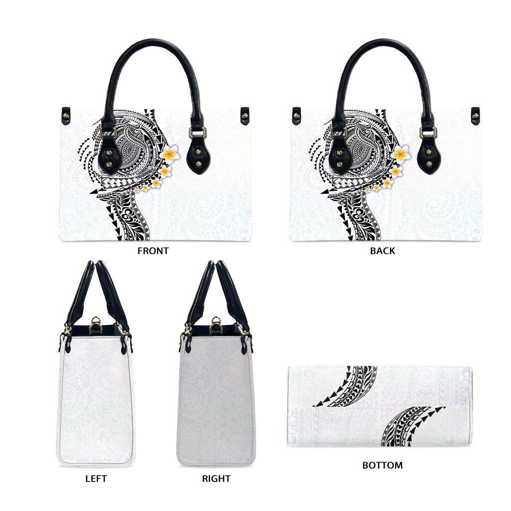 Hawaiian Tribal Tattoo and Plumeria Leather Bag Polynesian Pattern White Color