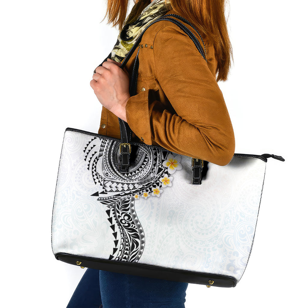 Hawaiian Tribal Tattoo and Plumeria Leather Tote Bag Polynesian Pattern White Color
