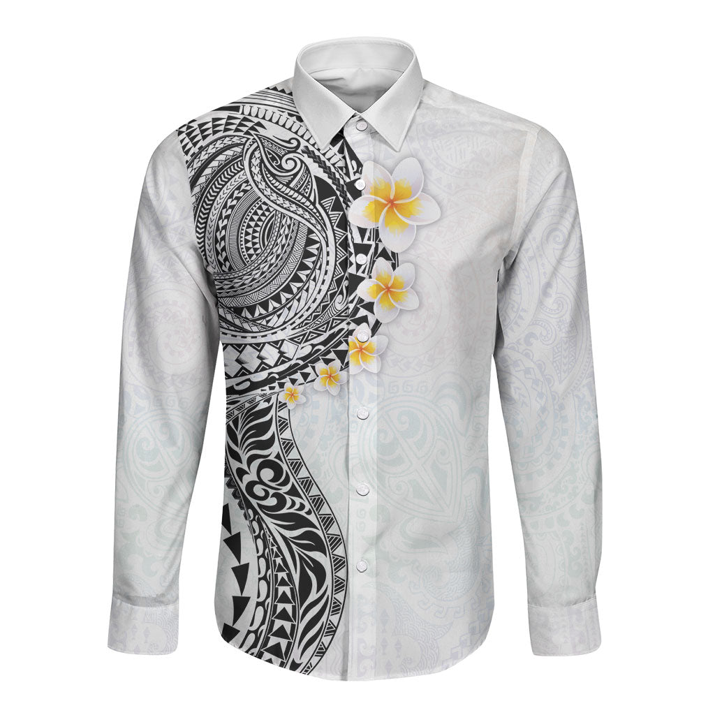 Hawaiian Tribal Tattoo and Plumeria Long Sleeve Button Shirt Polynesian Pattern White Color