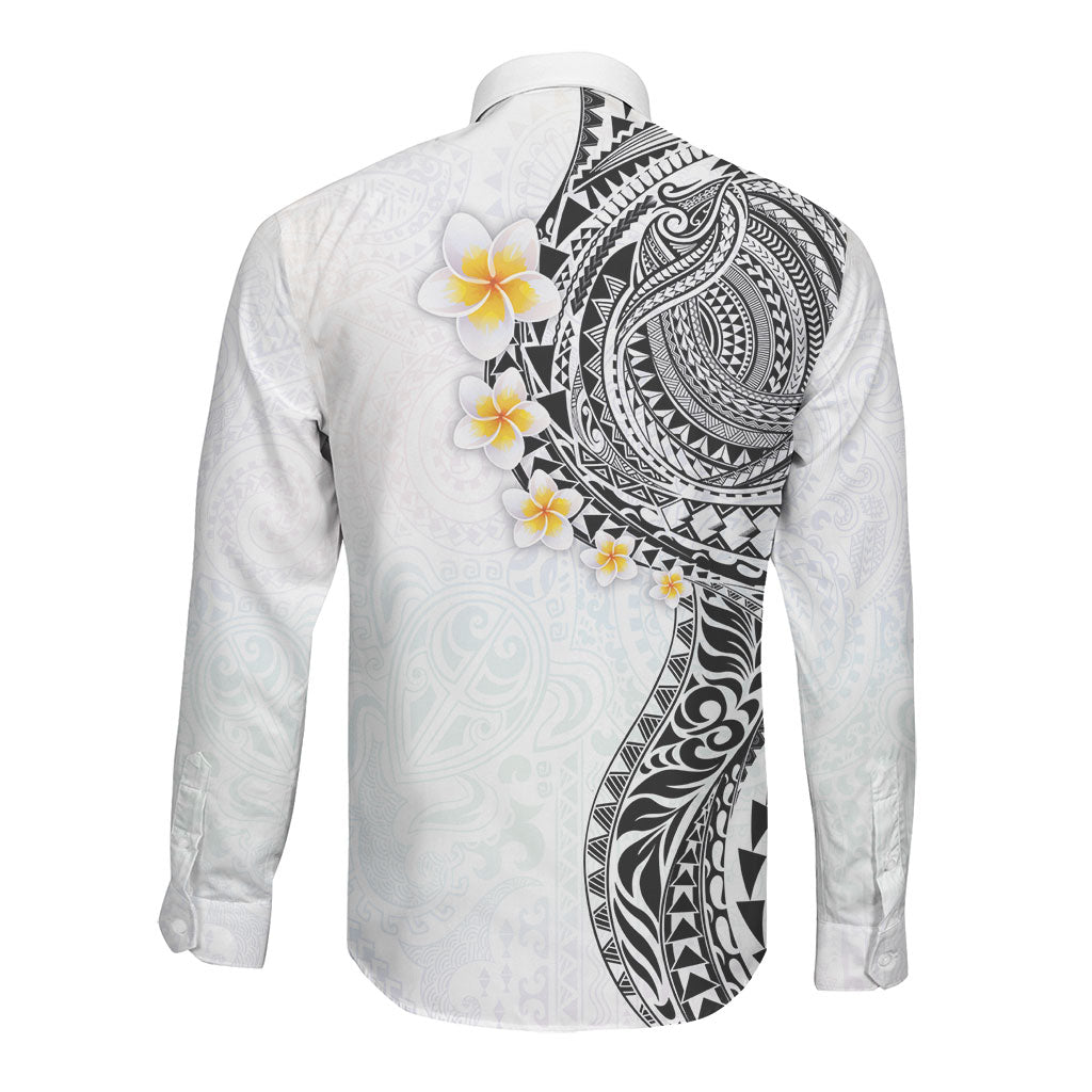 Hawaiian Tribal Tattoo and Plumeria Long Sleeve Button Shirt Polynesian Pattern White Color