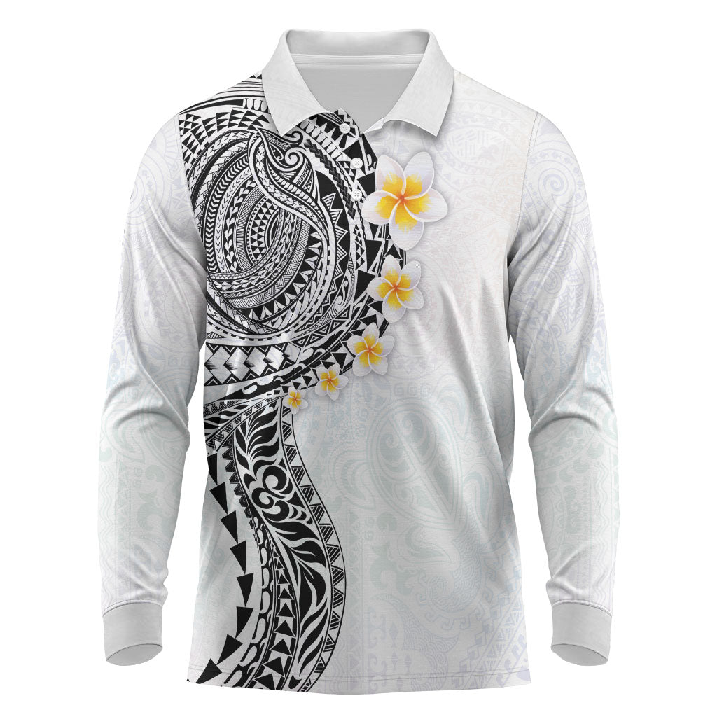 Hawaiian Tribal Tattoo and Plumeria Long Sleeve Polo Shirt Polynesian Pattern White Color