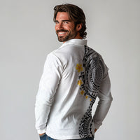Hawaiian Tribal Tattoo and Plumeria Long Sleeve Polo Shirt Polynesian Pattern White Color