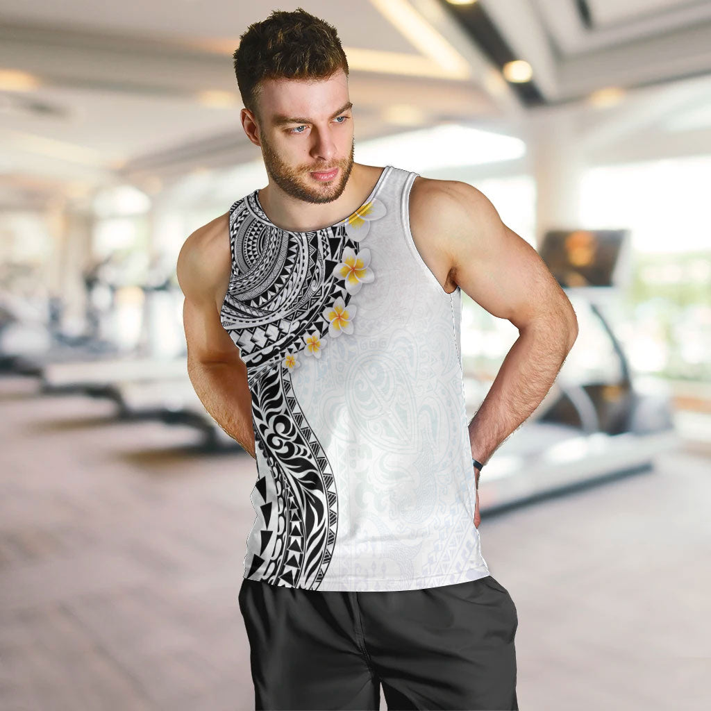 Hawaiian Tribal Tattoo and Plumeria Men Tank Top Polynesian Pattern White Color