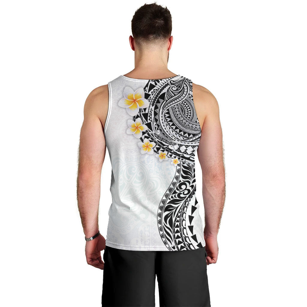 Hawaiian Tribal Tattoo and Plumeria Men Tank Top Polynesian Pattern White Color