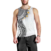 Hawaiian Tribal Tattoo and Plumeria Men Tank Top Polynesian Pattern White Color
