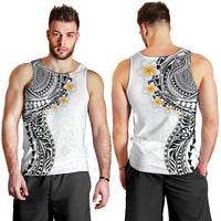 Hawaiian Tribal Tattoo and Plumeria Men Tank Top Polynesian Pattern White Color