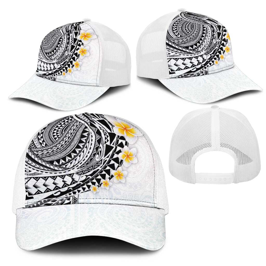 Hawaiian Tribal Tattoo and Plumeria Mesh Trucker Cap Polynesian Pattern White Color