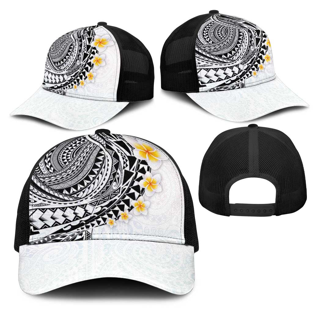 Hawaiian Tribal Tattoo and Plumeria Mesh Trucker Cap Polynesian Pattern White Color