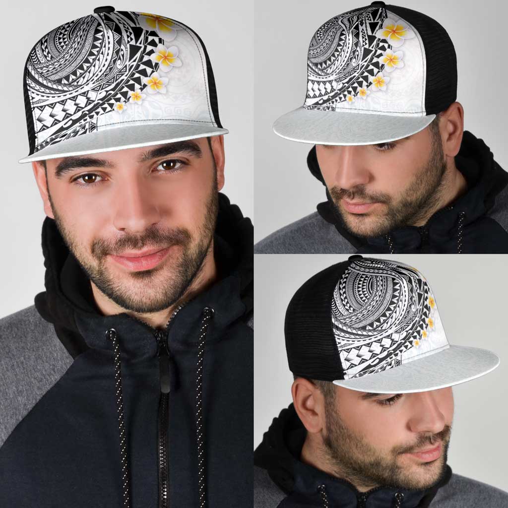 Hawaiian Tribal Tattoo and Plumeria Mesh Trucker Cap Polynesian Pattern White Color