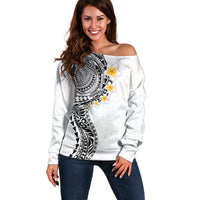 Hawaiian Tribal Tattoo and Plumeria Off Shoulder Sweater Polynesian Pattern White Color