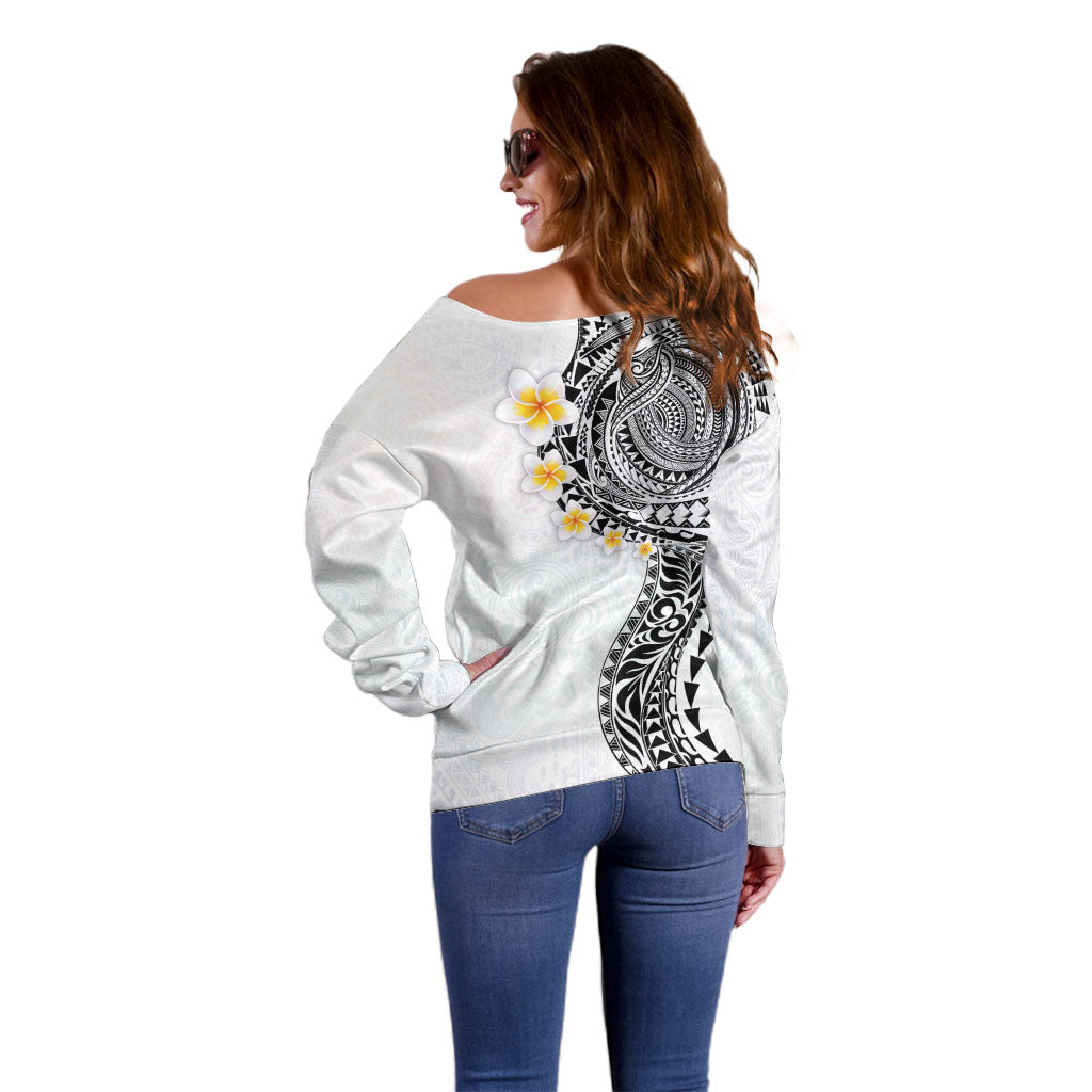 Hawaiian Tribal Tattoo and Plumeria Off Shoulder Sweater Polynesian Pattern White Color