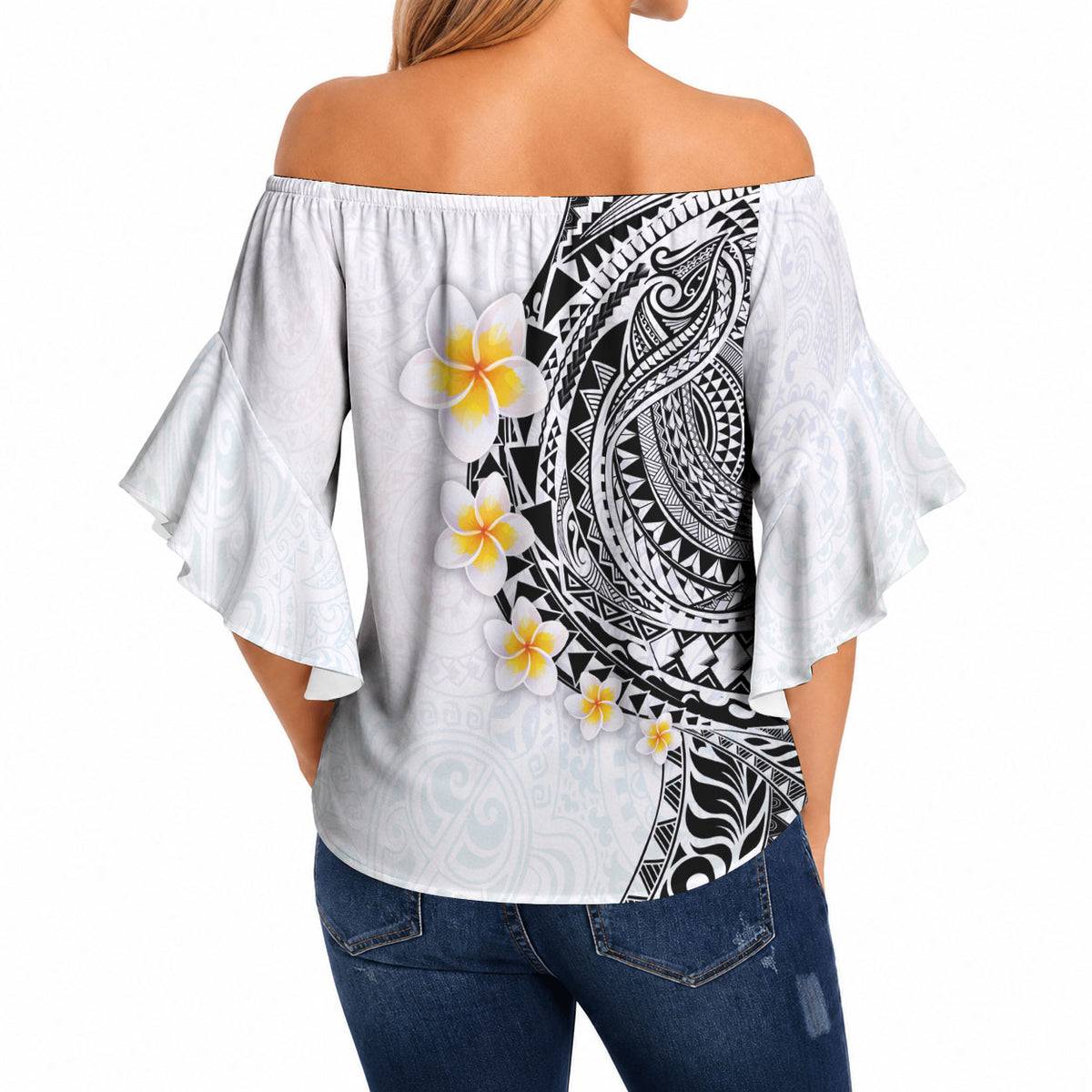 Hawaiian Tribal Tattoo and Plumeria Off Shoulder Wrap Waist Top Polynesian Pattern White Color