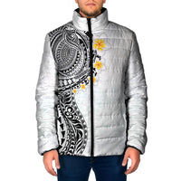 Hawaiian Tribal Tattoo and Plumeria Padded Jacket Polynesian Pattern White Color