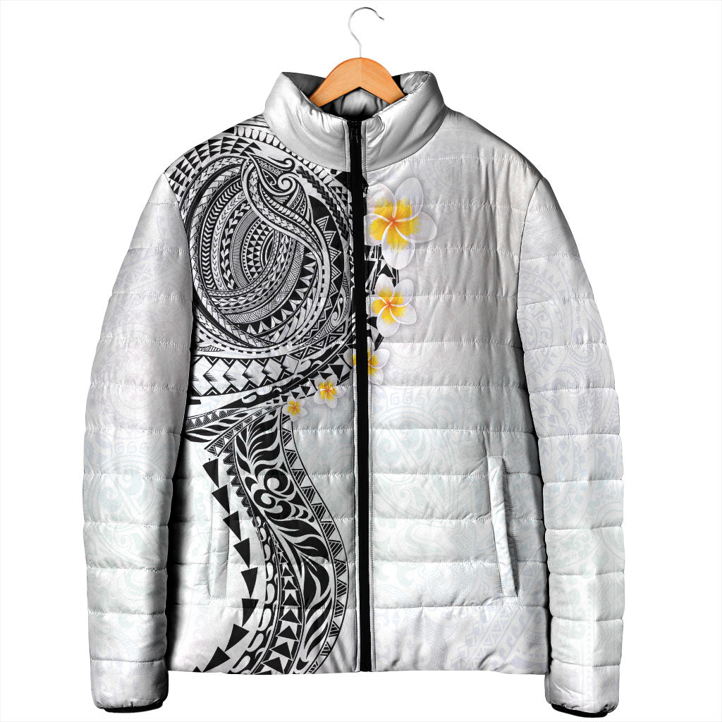 Hawaiian Tribal Tattoo and Plumeria Padded Jacket Polynesian Pattern White Color