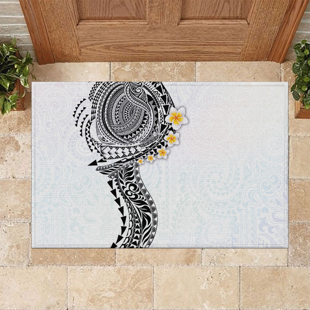 Hawaiian Tribal Tattoo and Plumeria Rubber Doormat Polynesian Pattern White Color