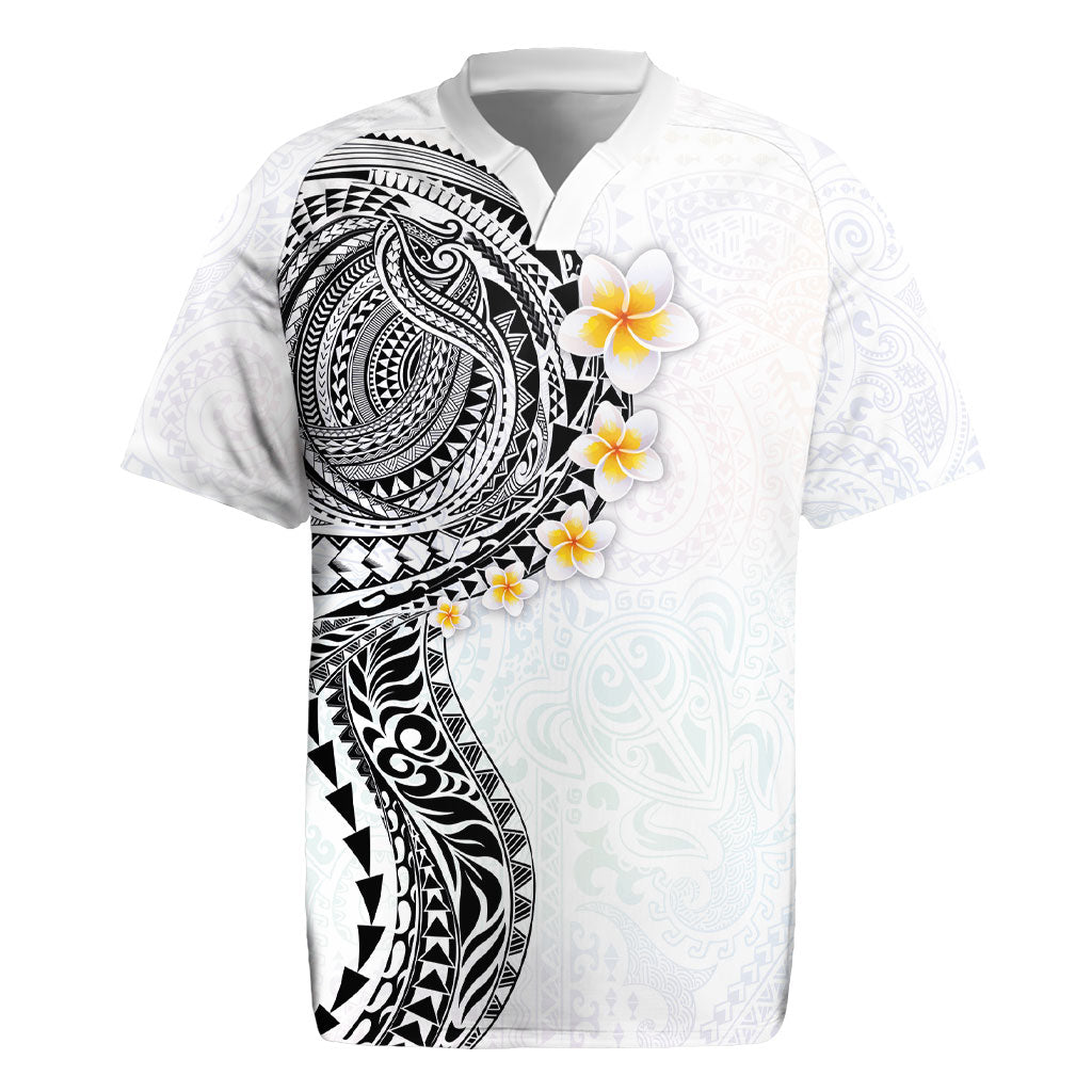 Hawaiian Tribal Tattoo and Plumeria Rugby Jersey Polynesian Pattern White Color
