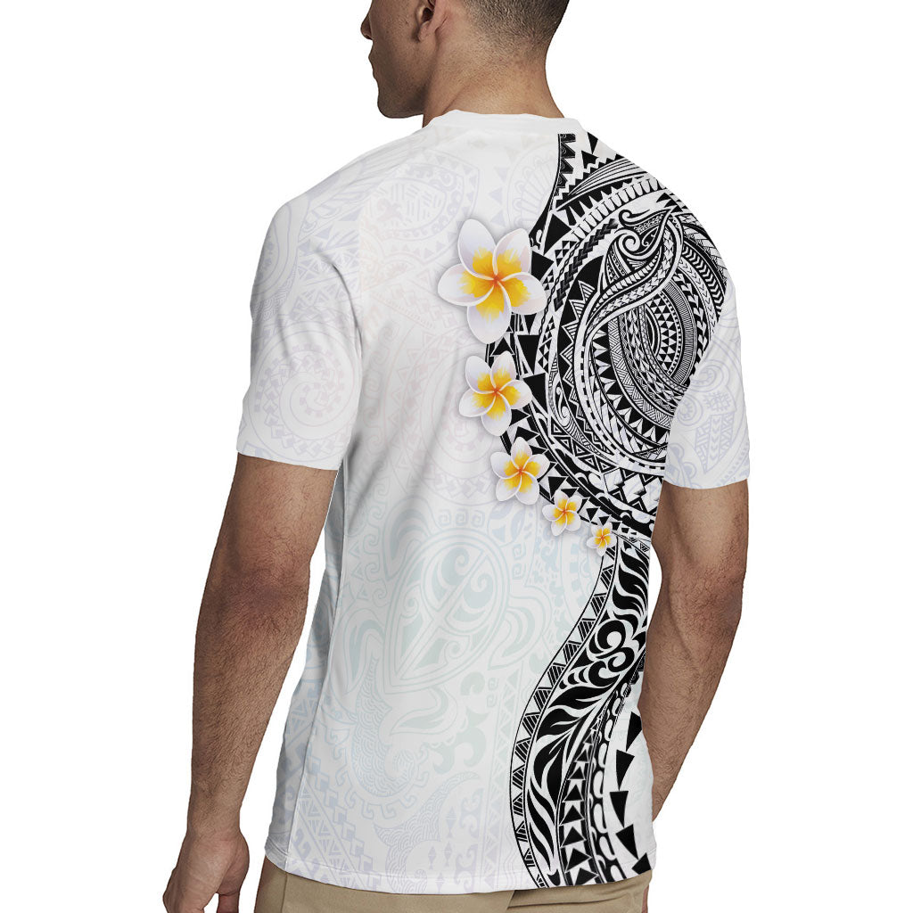 Hawaiian Tribal Tattoo and Plumeria Rugby Jersey Polynesian Pattern White Color