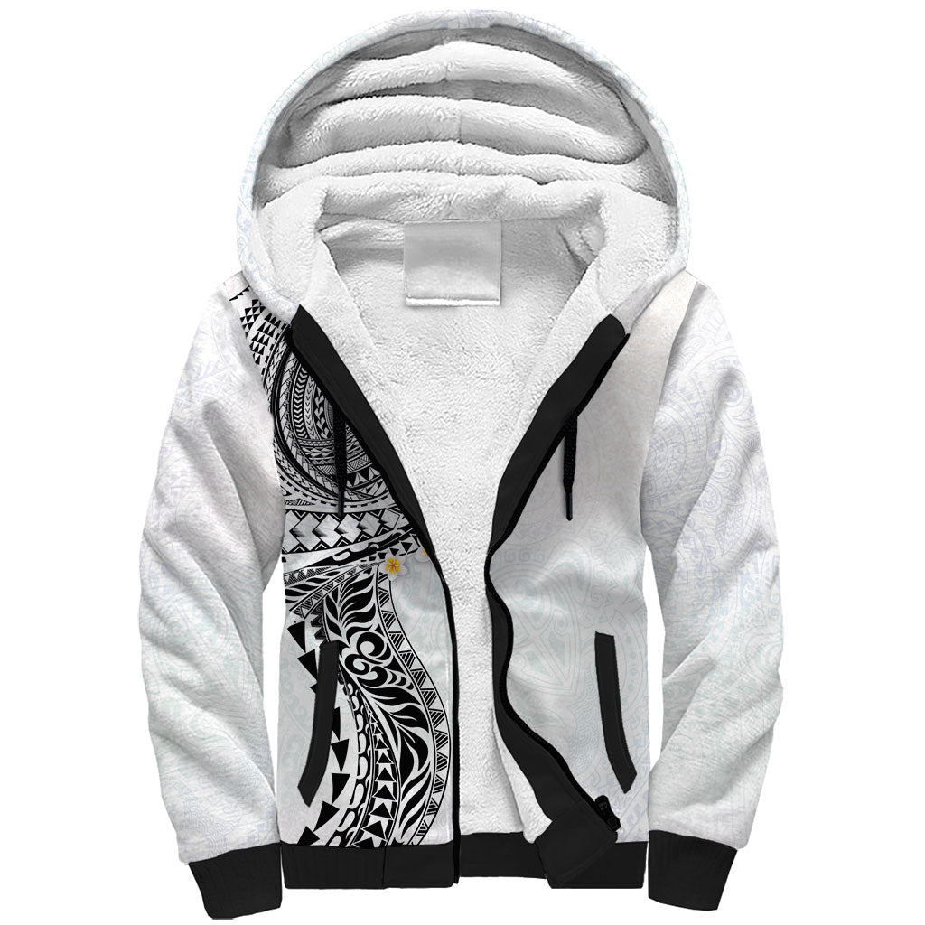 Hawaiian Tribal Tattoo and Plumeria Sherpa Hoodie Polynesian Pattern White Color