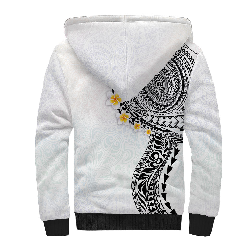 Hawaiian Tribal Tattoo and Plumeria Sherpa Hoodie Polynesian Pattern White Color